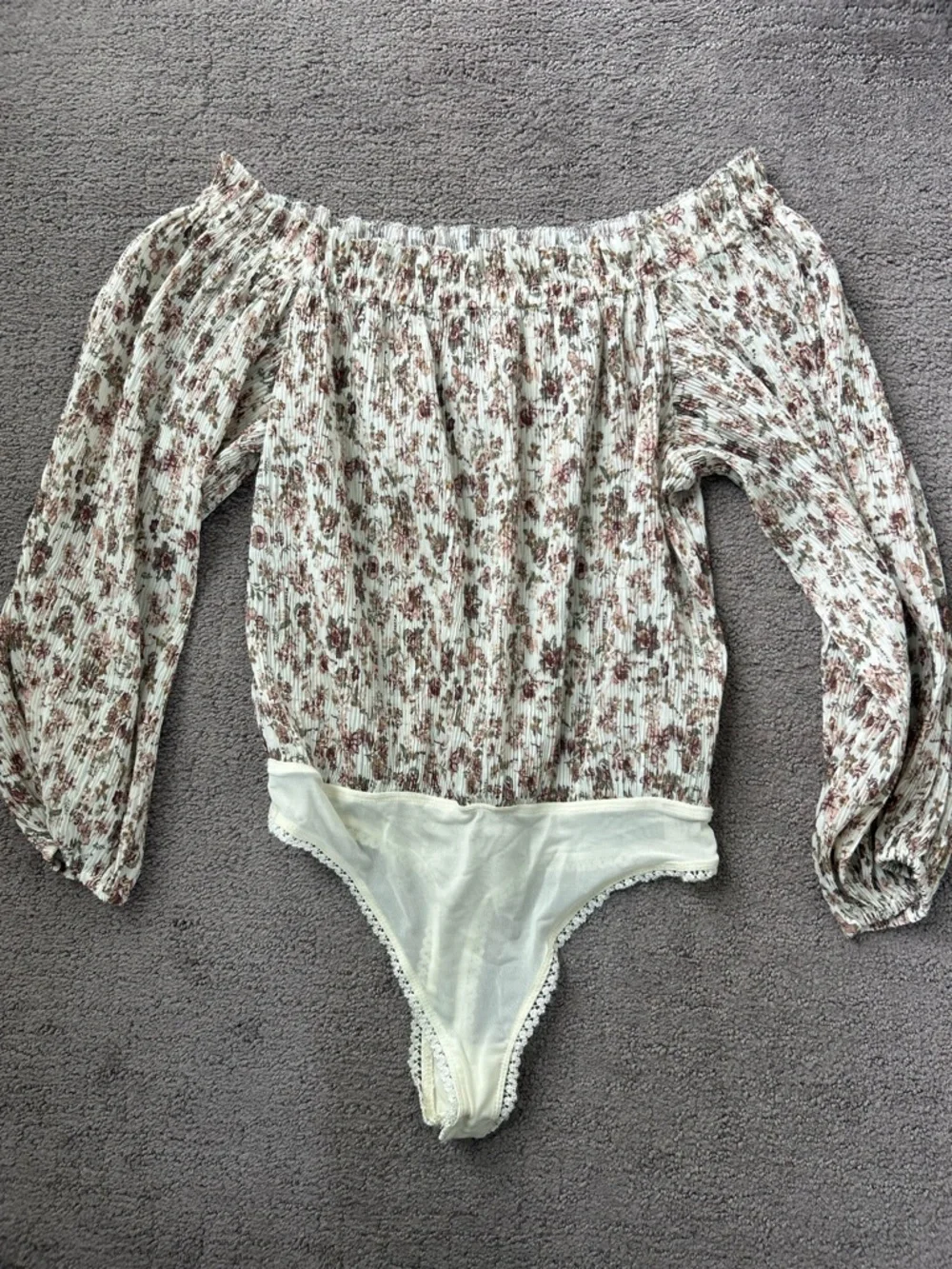 Free People Pretty Petal Bodysuit Floral Smocked Off-Shoulder Balloon Sleeve XS